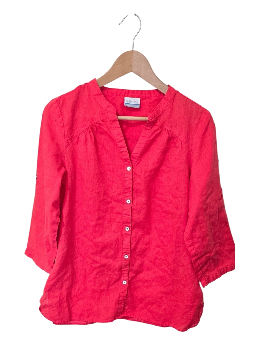Columbia Coral Linen Blend Roll Tab Button-Up Shirt Outdoor Coastal Summer Med